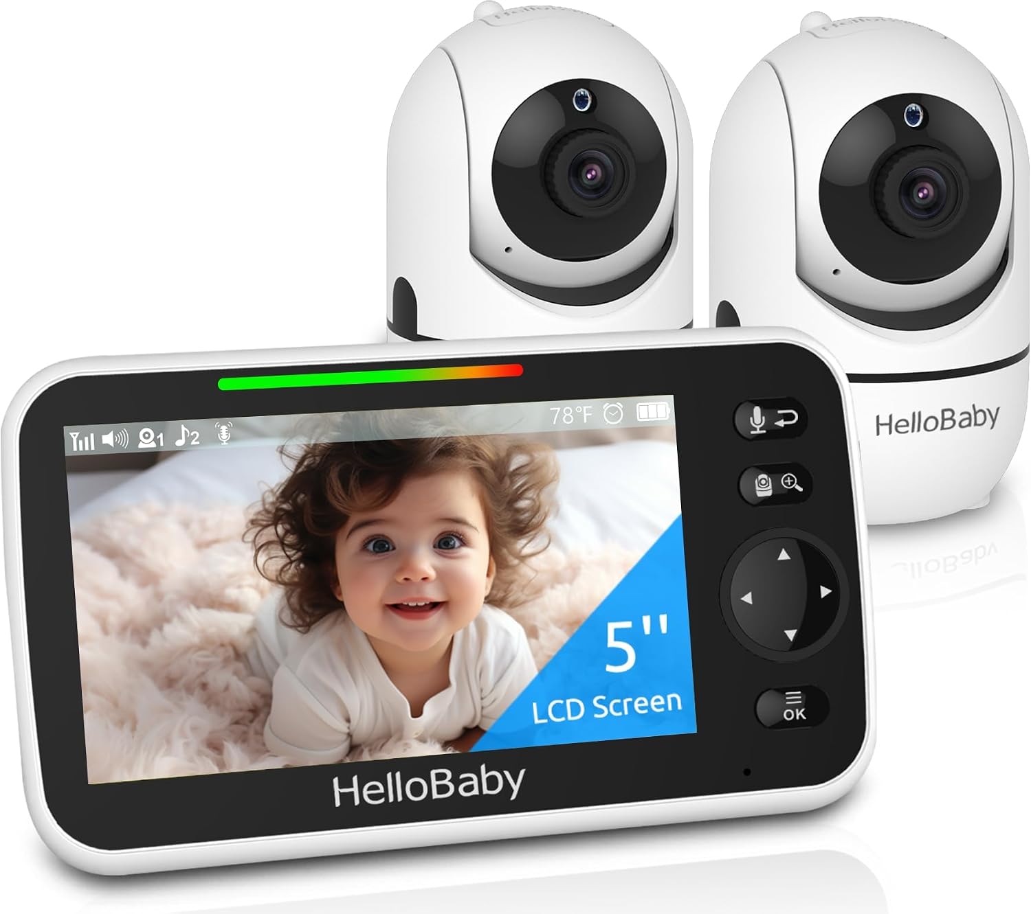 HelloBaby No WiFi Baby Monitor 2 Cameras and Audio HB6550, 5" Video Screen