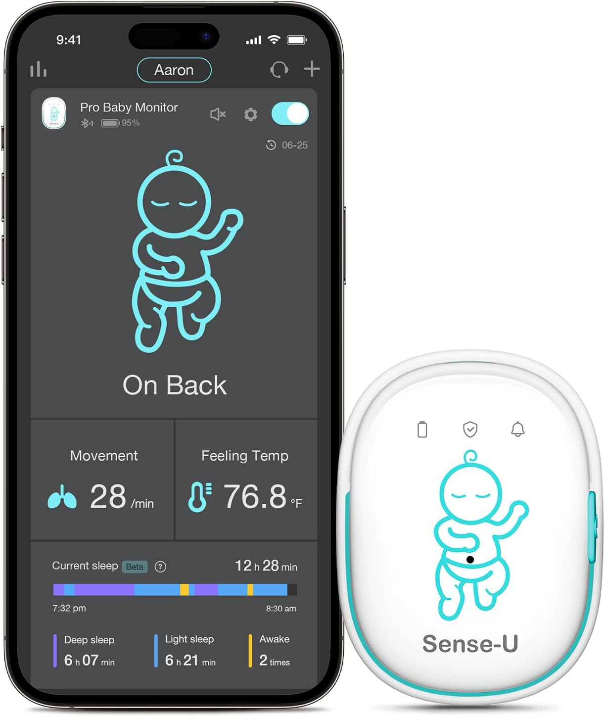 Sense-U Pro Baby Movement & Sleep Position Monitor, Sleep Analysis, Long Battery Life, Easy Clip-On Design