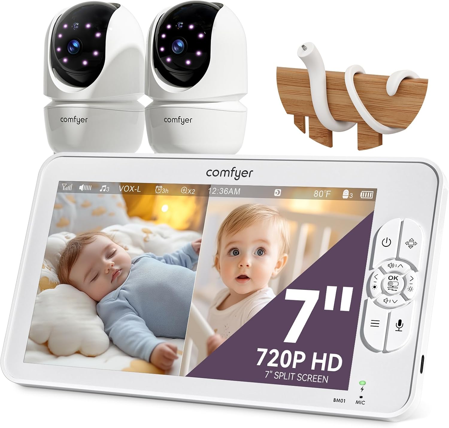 Comfyer BM01 7 inch Split-Screen Baby Monitor with 2 Cameras and Audio No WiFi
