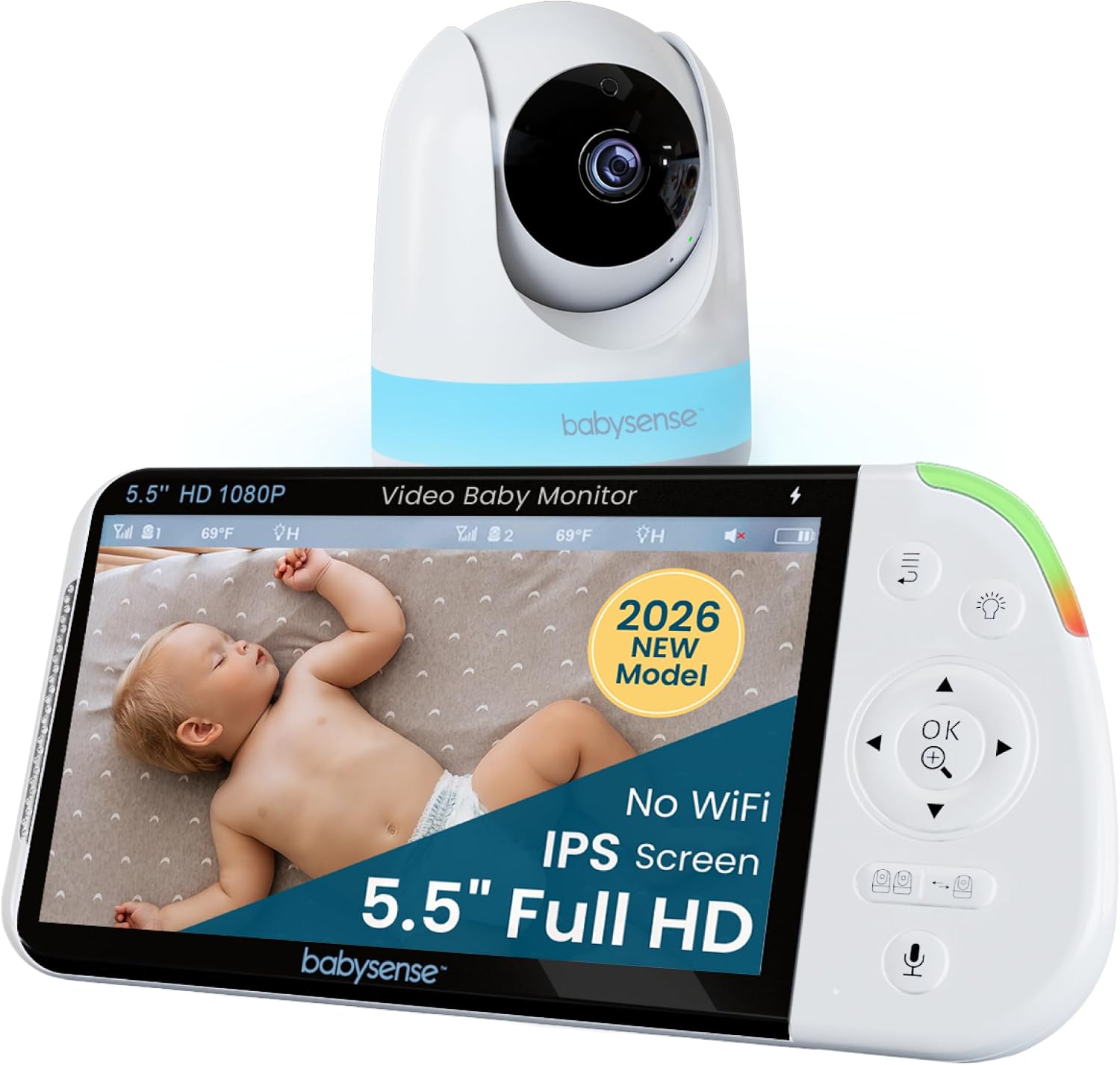 Babysense PRO Non-WiFi Full HD 5.5" Split Screen Baby Monitor with Camera and Audio, 6-Color Night Light, White Noise, Sound & Light Machine, 20-Hour Battery, Hack-Proof Secure Connection