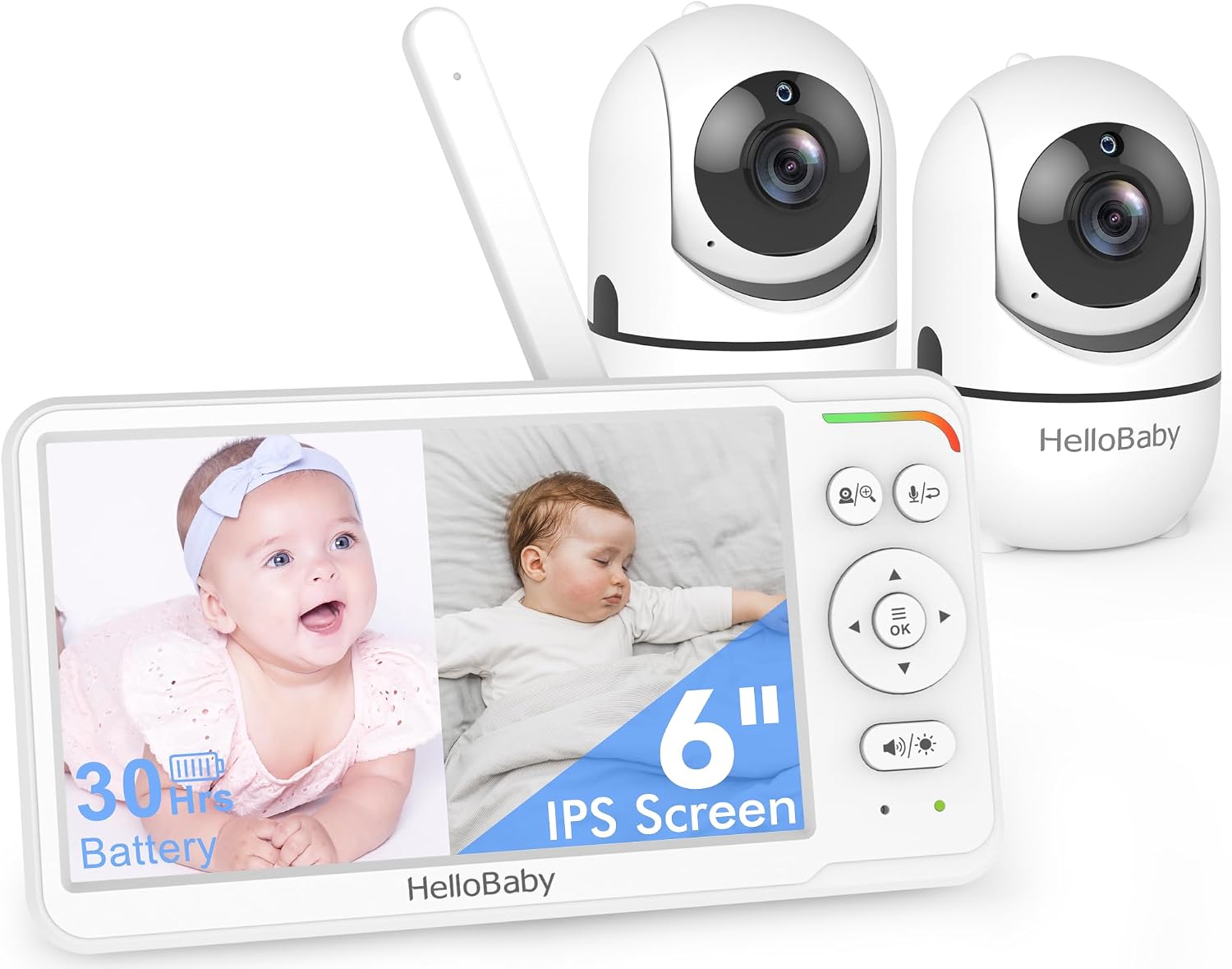 HelloBaby No WiFi Baby Monitor 2 Cameras, 6 Inch Split Screen 30H Battery